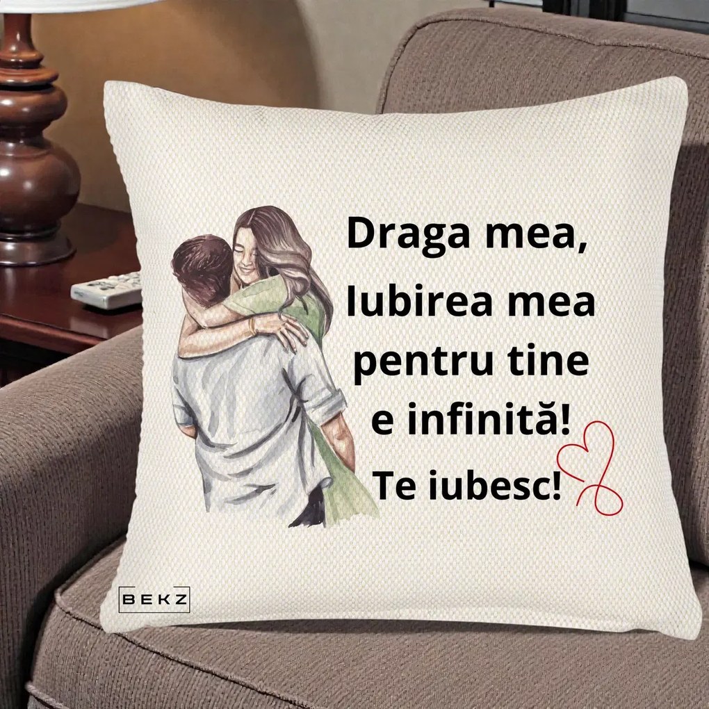 Cadou pentru Iubita - Perna Personalizata Draga Mea Iubirea Mea Infinita Te Iubesc cu Cuplu Acuarela, 40x40 cm, Crem Reliefat, Husa Detasabila, Perna Inclusa, BEKZ®
