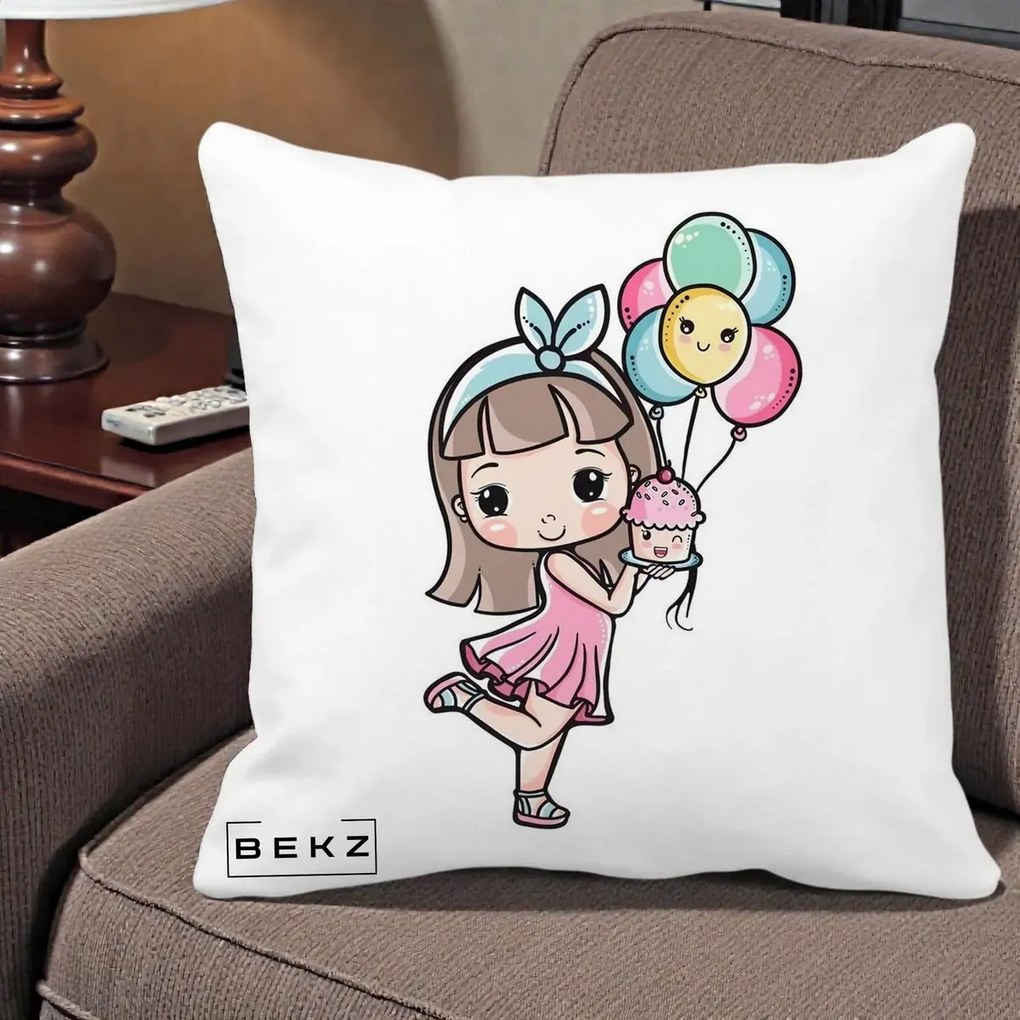 Perna Decorativa Fetita Kawaii cu Baloane si Cupcake, 40x40 cm, Alba Mata, Husa Detasabila, Perna Inclusa, BEKZ®