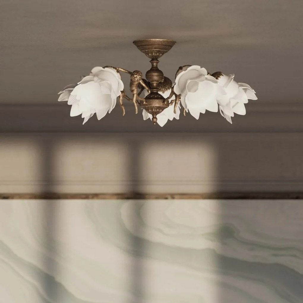 Lustra 5 brate din alama cu abajur din sticla Putti