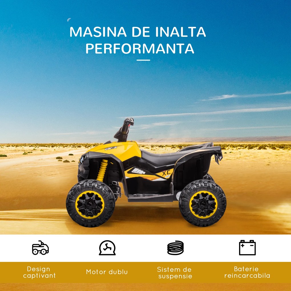 ATV electric copii HOMCOM cu cauciucuri late, masina, faruri LED, 12V ,claxon, muzica, pentru 3-5 ani, galben | Aosom Romania