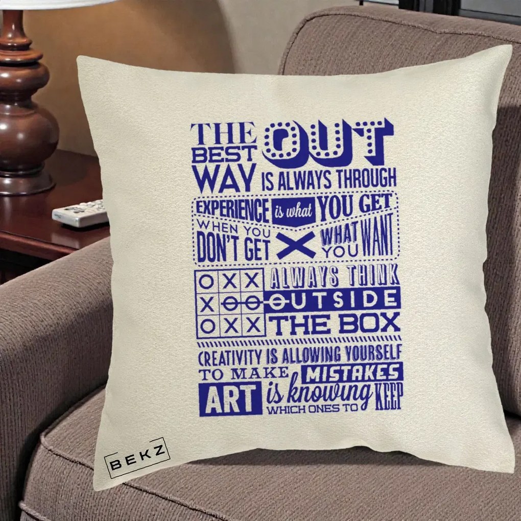 Perna Decorativa Citate Creativitate Albastru, 40x40 cm, Ecru, Husa Detasabila, Perna Inclusa, BEKZ®