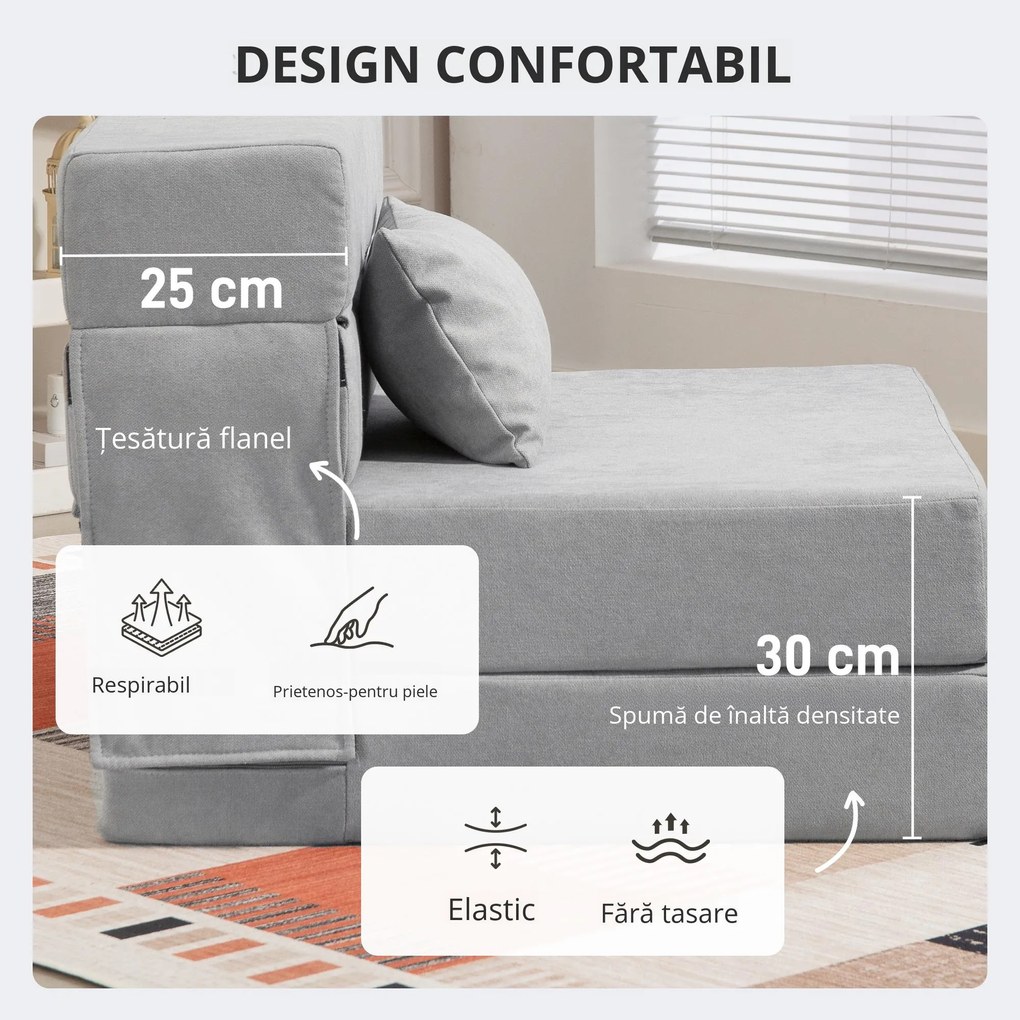 HOMCOM Sofa la sol, canapea tapițată, transformabilă în saltea, spumă, pernă, Gri deschis | Aosom Romania