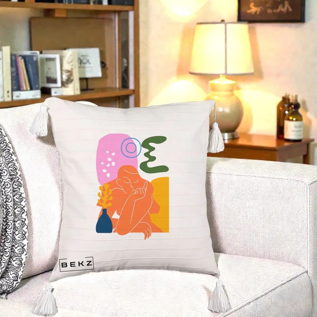 Perna Decorativa Femeie Meditand Abstract, 40x40 cm, Bej cu Franjuri, Husa Detasabila, Perna Inclusa, BEKZ®