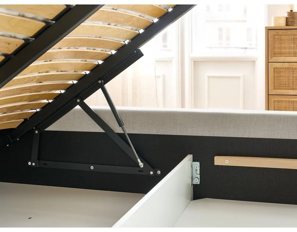 Pat matrimonial bej tapițat cu spațiu de depozitare și somieră 160x200 cm Jagna – Bobochic Paris