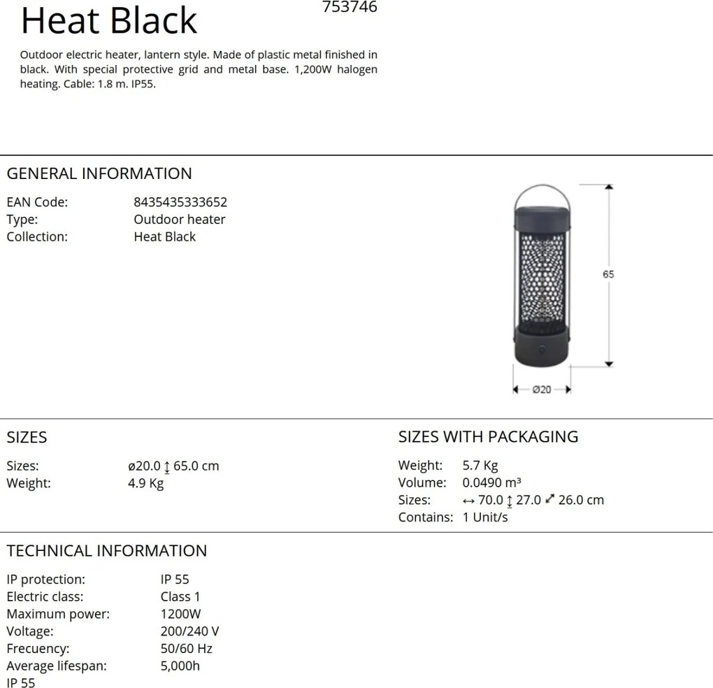 Încalzitor electric de terasa exterior portabil IP55 Heat Black