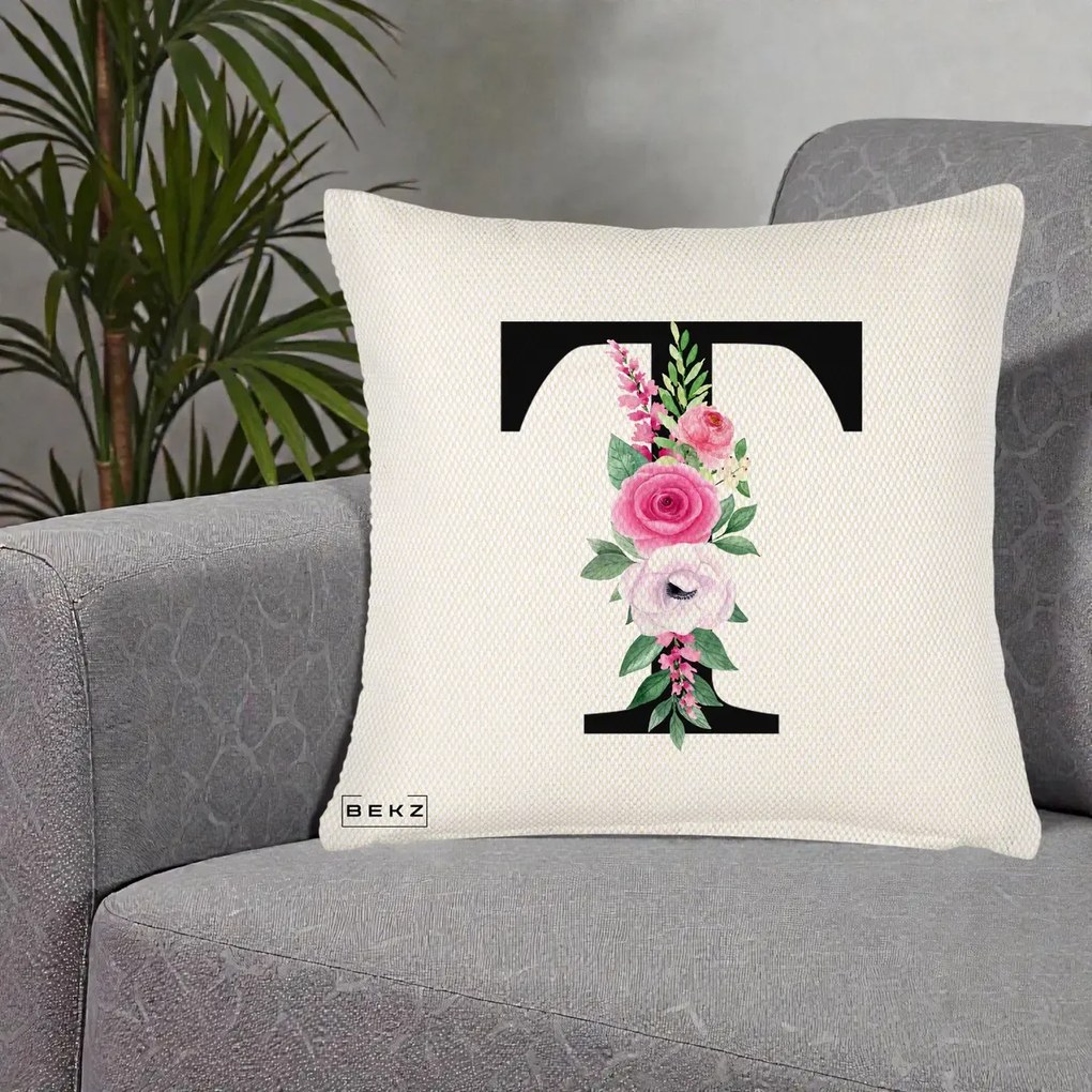 Cadou Personalizat - Perna Personalizata Monograma Florala Litera T, 40x40 cm, Crem Reliefat, Husa Detasabila, Perna Inclusa, BEKZ®