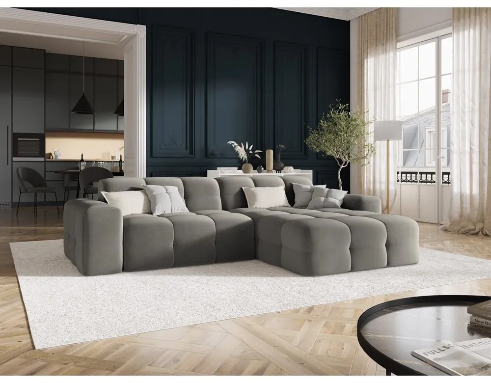 Colțar gri cu tapițerie din catifea (pe partea dreaptă) Kendal – Micadoni Home