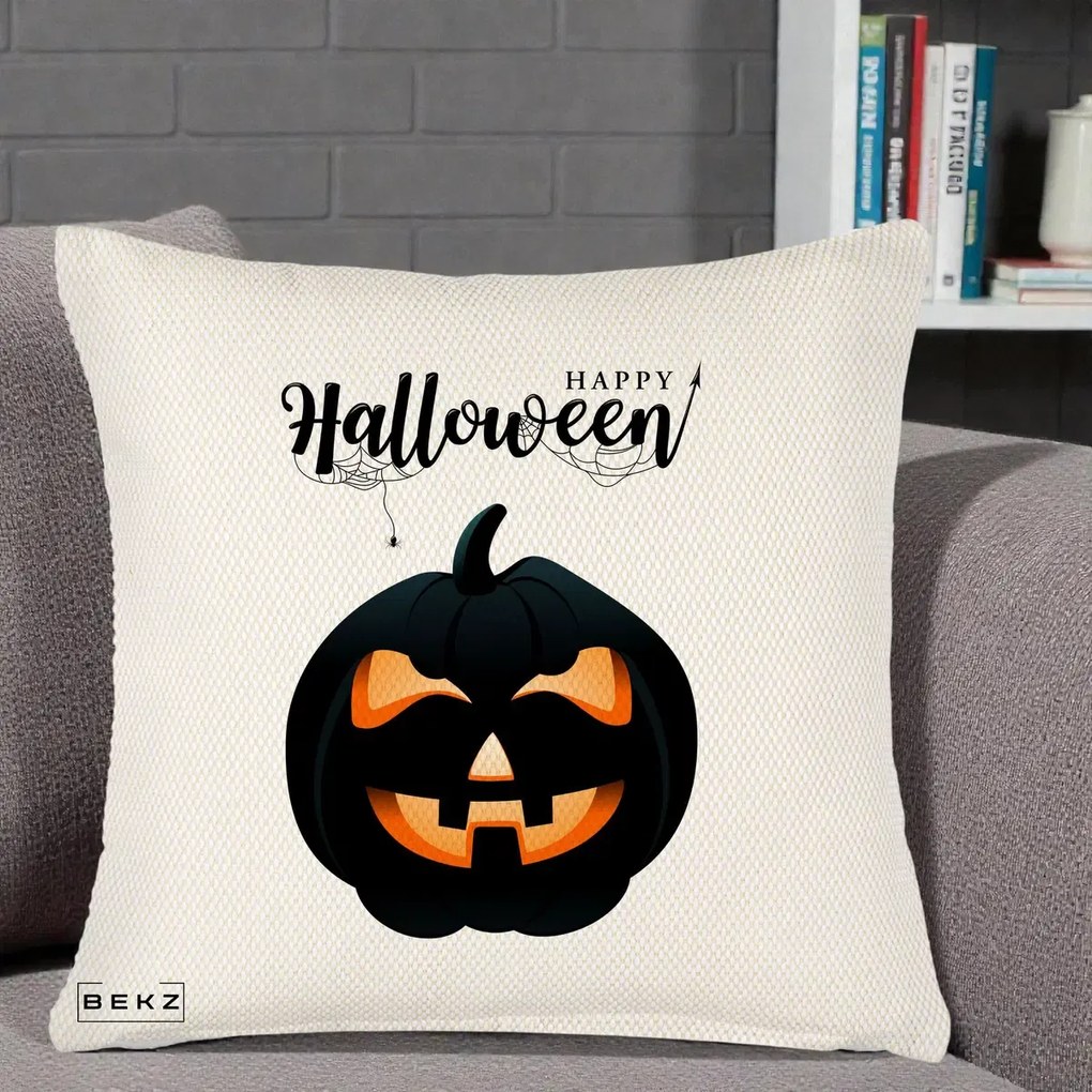 Perna Decorativa Happy Halloween Dovleac Negru cu Paianjen, 40x40 cm, Crem Reliefat, Husa Detasabila, Perna Inclusa, BEKZ®