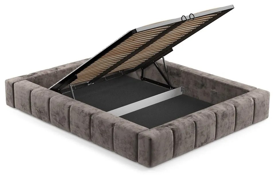 Pat matrimonial maro tapițat cu spațiu de depozitare cu somieră 160x200 cm Aruba L – Maison de Rêve