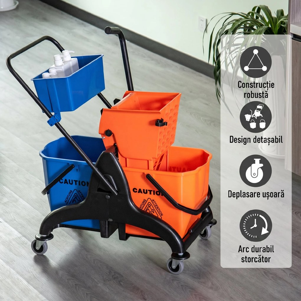 HOMCOM Cărucior Profesional de Curățenie cu 2 Găleți de 26L, Cărucior cu Presă, Mâner și 4 Roți Universale, pentru Hotel, Casă, Birou, 78x45x95 cm, Portocaliu și Albastru | Aosom Romania