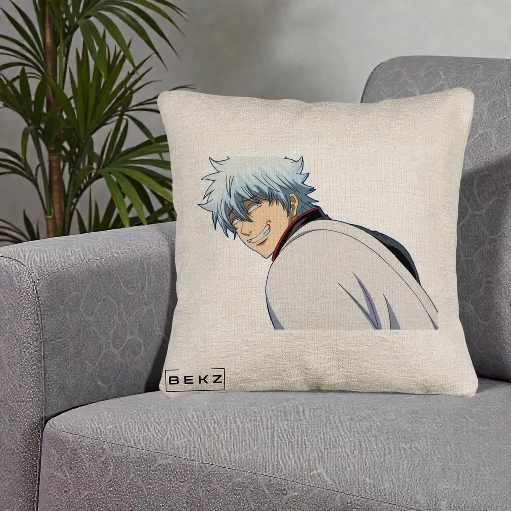 Perna Personalizata Gintama Gintoki Portret cu Zambet, 40x40 cm, Bej Canapea, Husa Detasabila, Perna Inclusa, BEKZ®