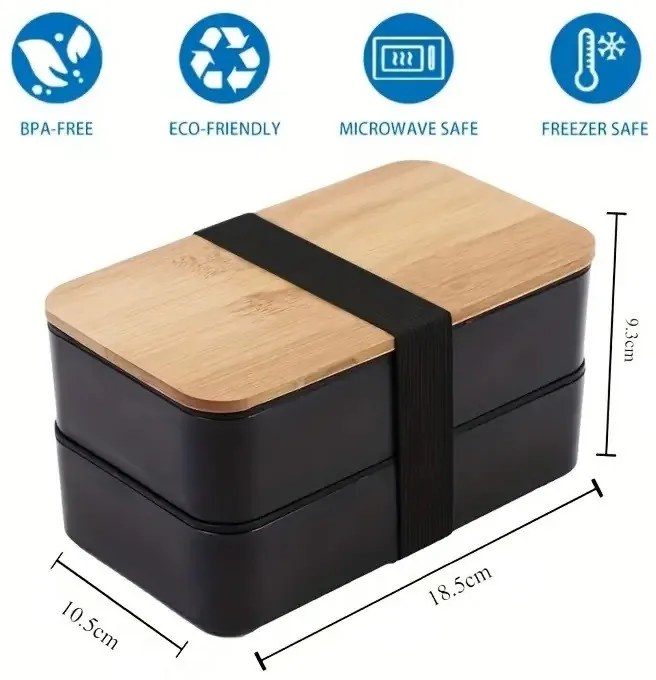 Cutie de pranz DUO LUNCH cu tacamuri, negru/bambus