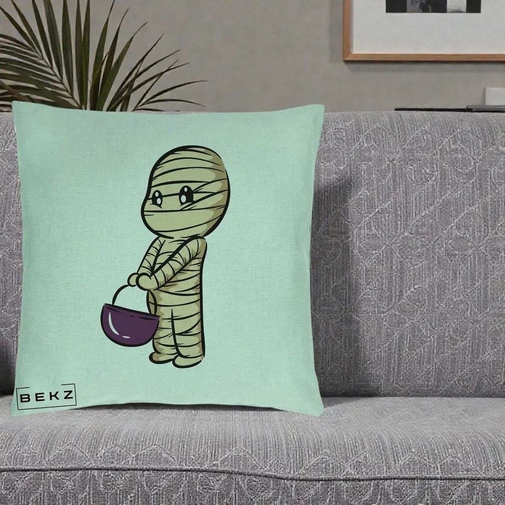 Perna Decorativa Halloween Mummy Kawaii cu Cos, 40x40 cm, Verde Menta, Husa Detasabila, Perna Inclusa, BEKZ®