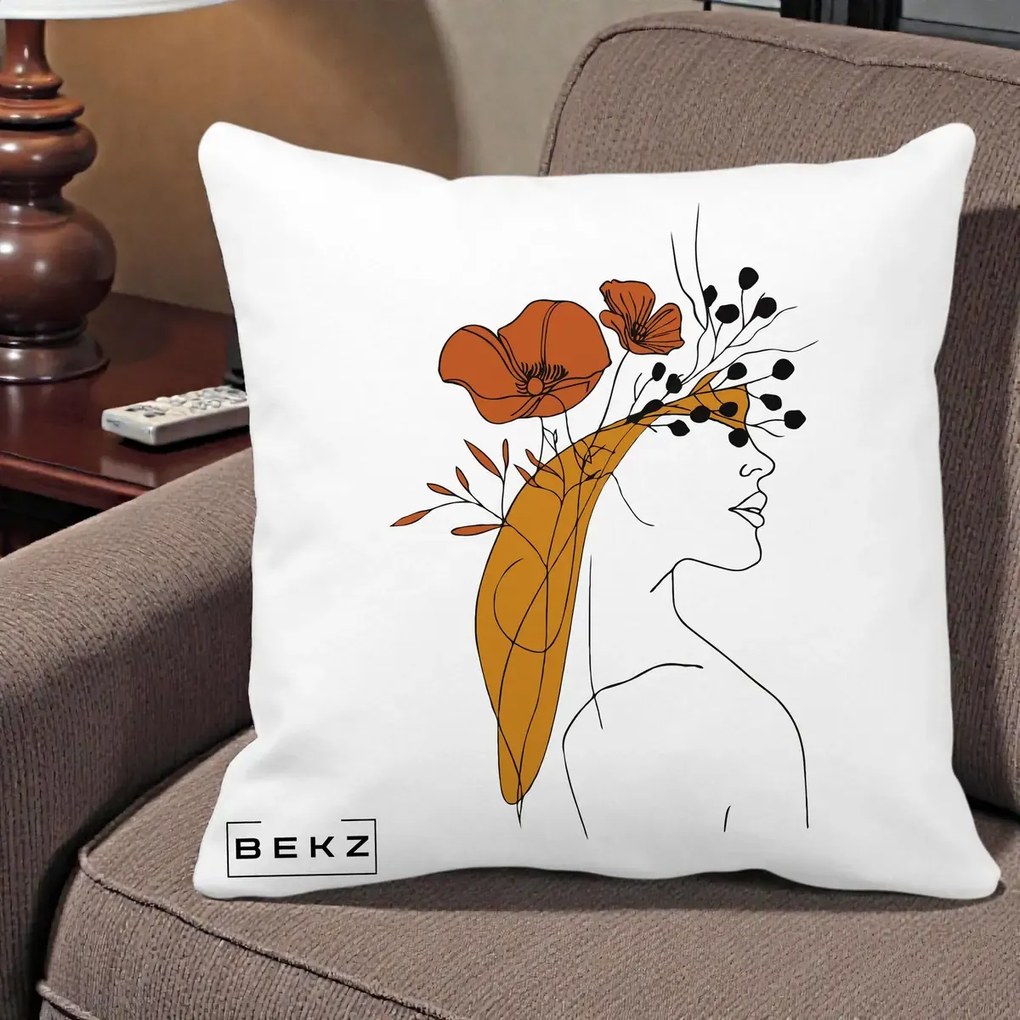 Perna Decorativa Portret Feminin Maci Rosii Auriu, 40x40 cm, Alba Mata, Husa Detasabila, Perna Inclusa, BEKZ®