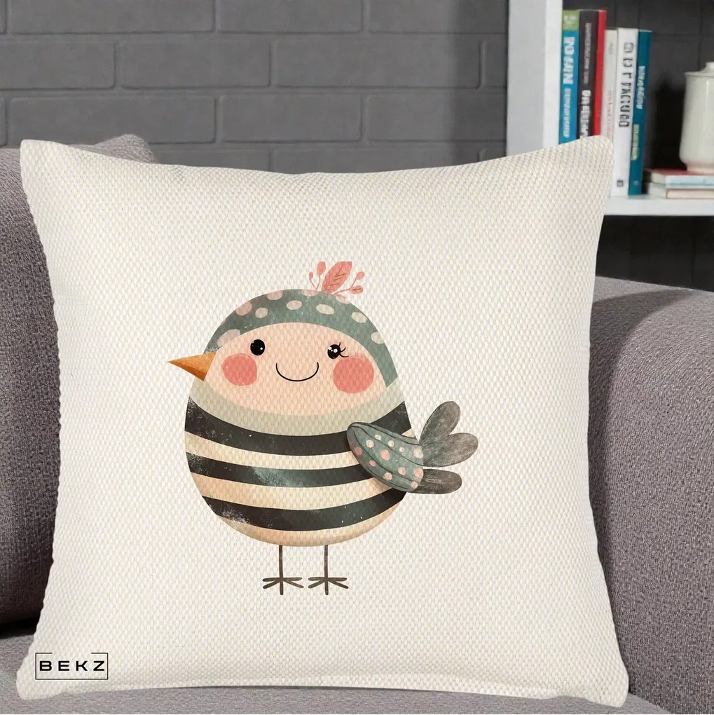 Perna Decorativa Pui Kawaii Teal cu Flori, 40x40 cm, Crem Reliefat, Husa Detasabila, Perna Inclusa, BEKZ®