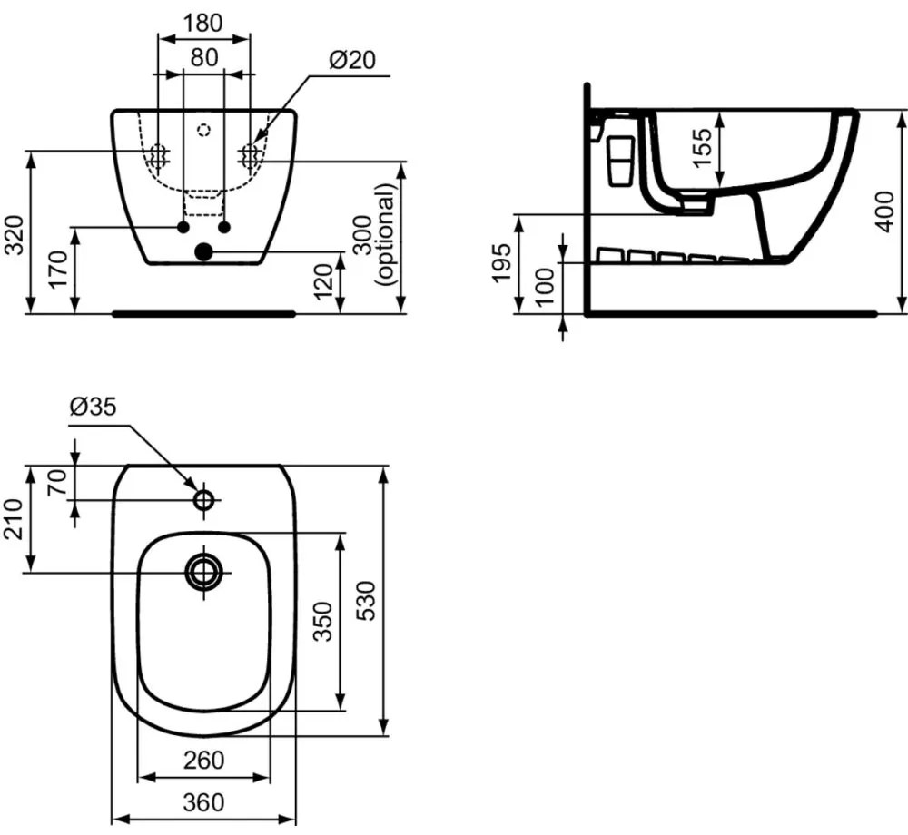 Bideu suspendat, 360x530 cm, cu preaplin, orificiu pentru baterie, alb