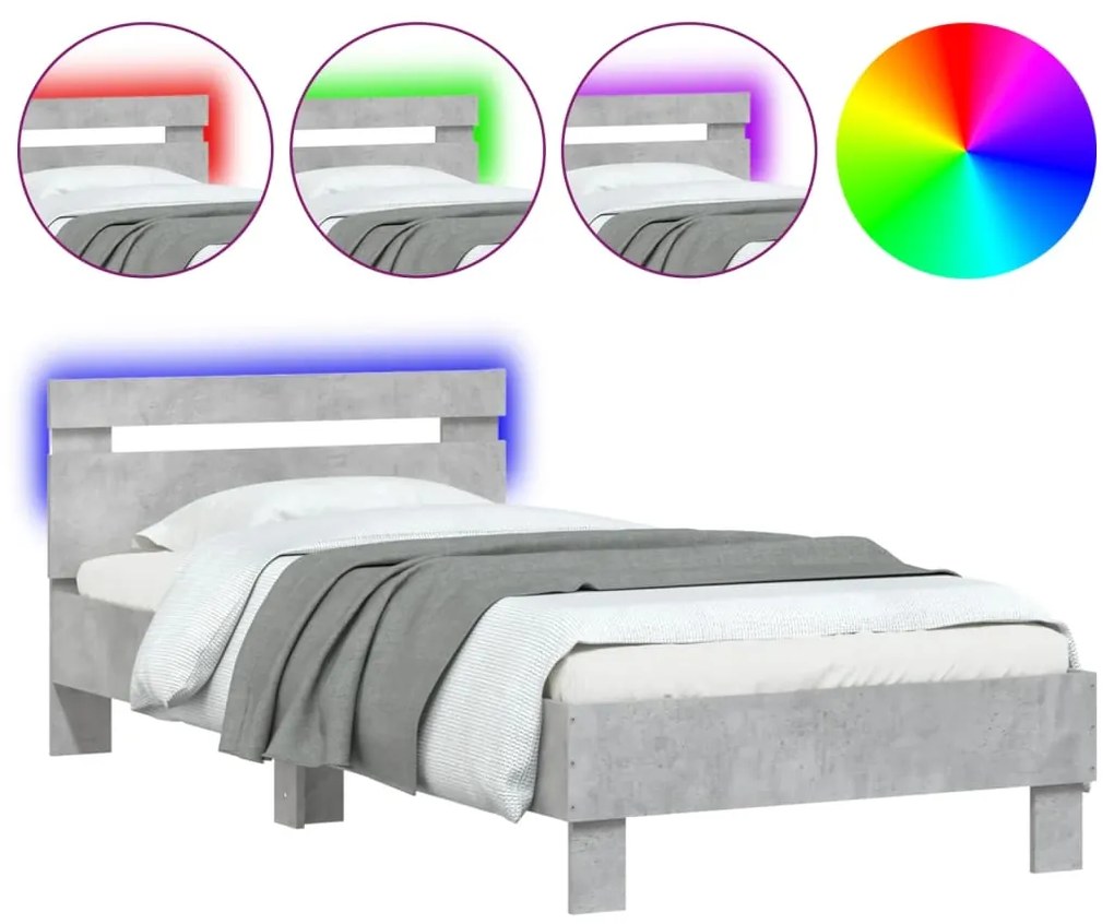 838746 vidaXL Cadru de pat cu tăblie și lumini LED, gri beton, 90x190 cm