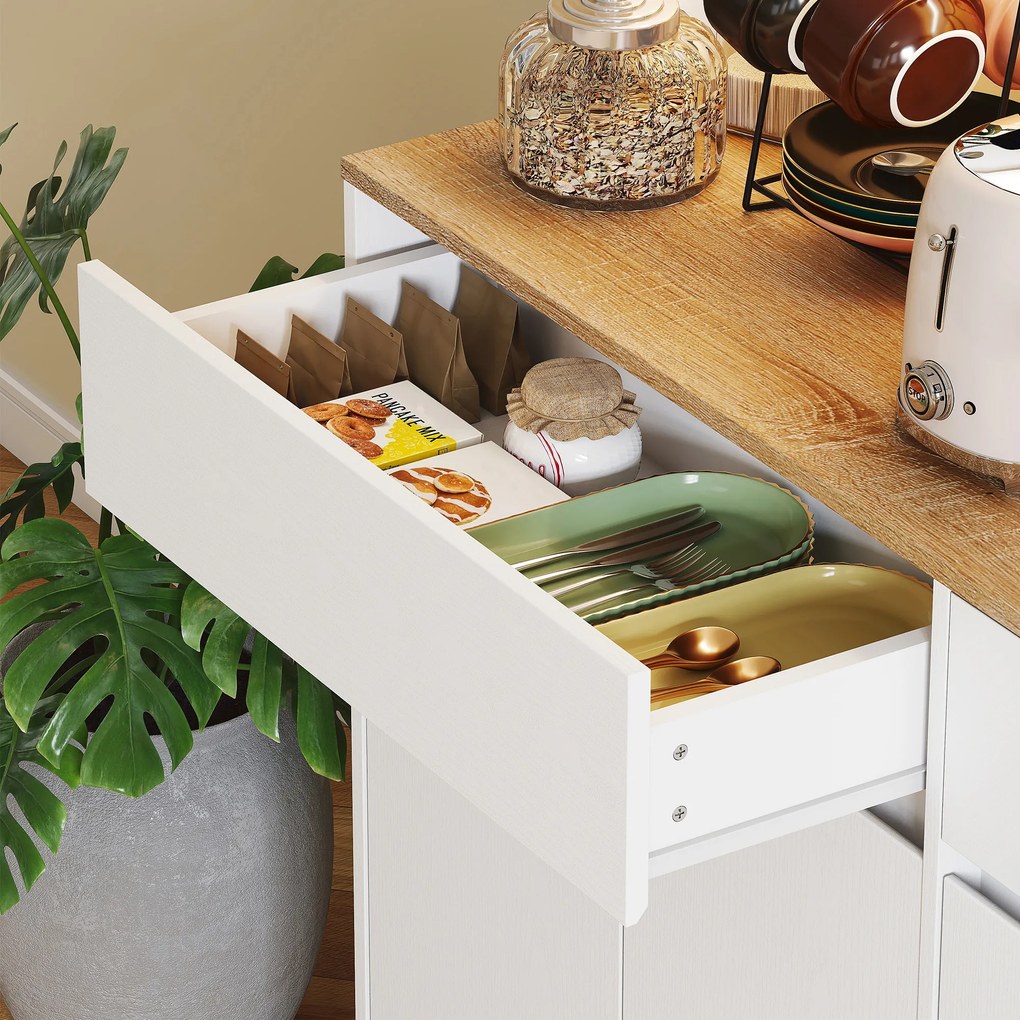 HOMCOM Bufet bucătărie mobilier de bucătărie de depozitare înalt cu lumină LED RGB, blat de lucru, 6 uși, 2 sertare, alb | Aosom Romania