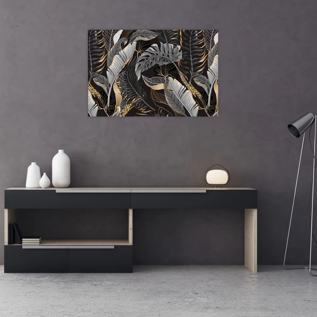 Tablou - Frunze tropicale, Galben - auriu (90x60 cm)