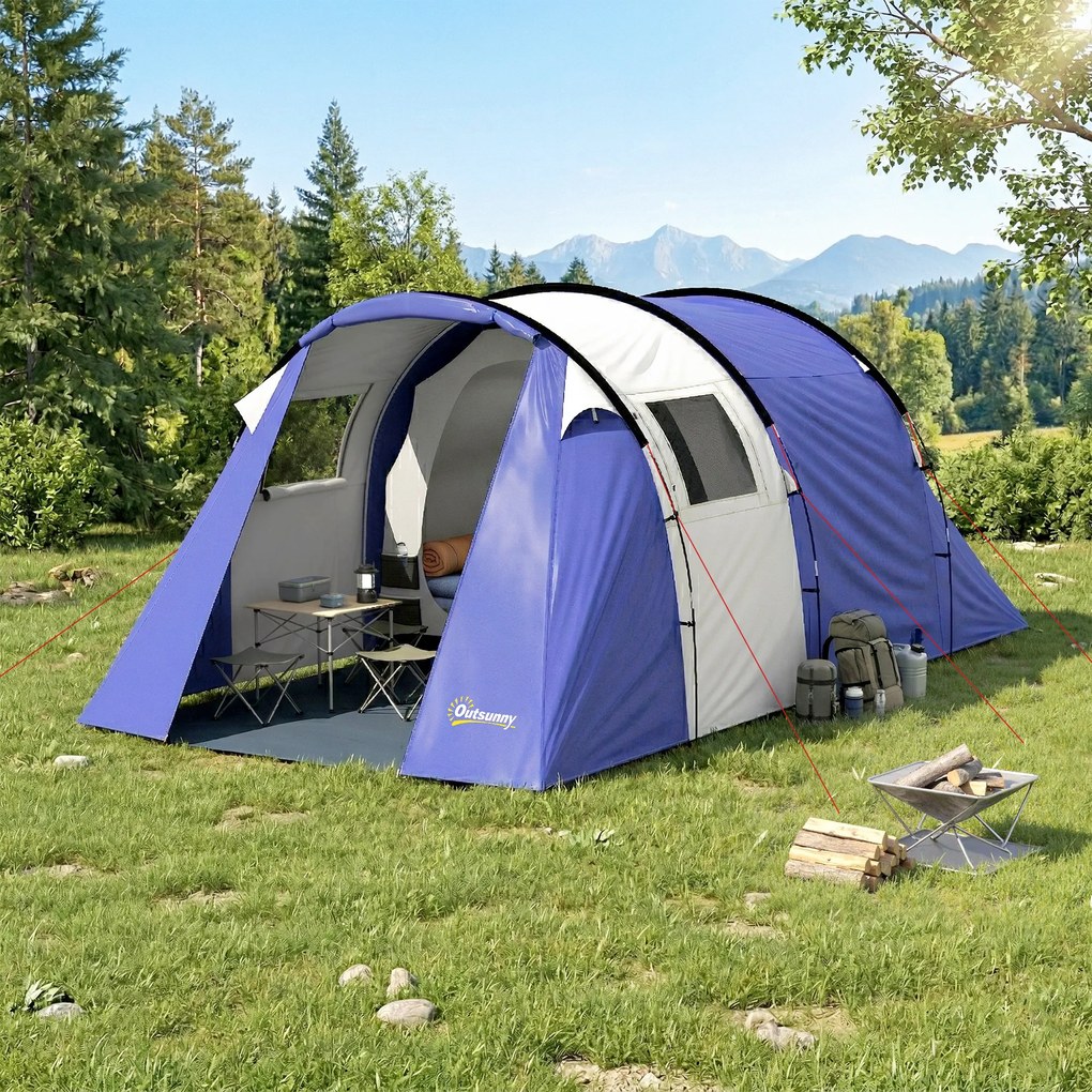 Outsunny Cort de camping pentru 4 persoane, 2 camere, impermeabil 3000mm, cu podea și sac, 420x300x200cm, Albastru închis | Aosom Romania