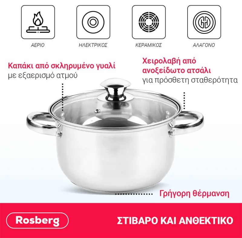 Oala Rosberg R51210O26, 6.3 L, 26x14.5 cm, Capac din sticla, Inox