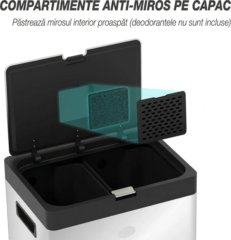 HOMCOM Coș de Gunoi cu 3 Compartimente de 56L, Pedală și Închidere Silențioasă, 45,7x35,8x76 cm, Argintiu | Aosom Romania