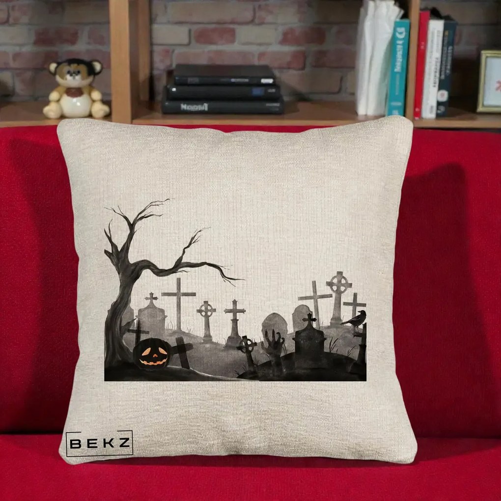 Perna Decorativa Halloween Cimitir Acuarela cu Dovleac, 40x40 cm, Bej Canapea, Husa Detasabila, Perna Inclusa, BEKZ®