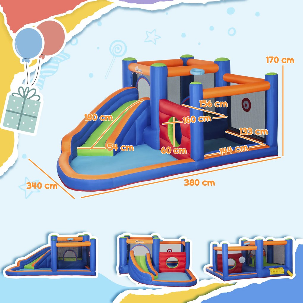 Outsunny 4 in 1 pentru copii Tobogan de apa Bounce House tobogan, trambulina, piscina, pentru copii de 3-8 ani