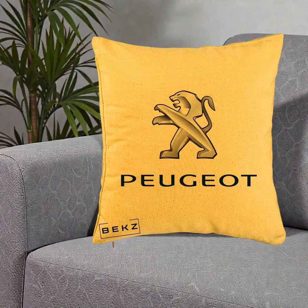 Perna Personalizata cu emblema Peugeot, 40x40 cm, Galben, Husa Detasabila, Perna Inclusa, BEKZ®