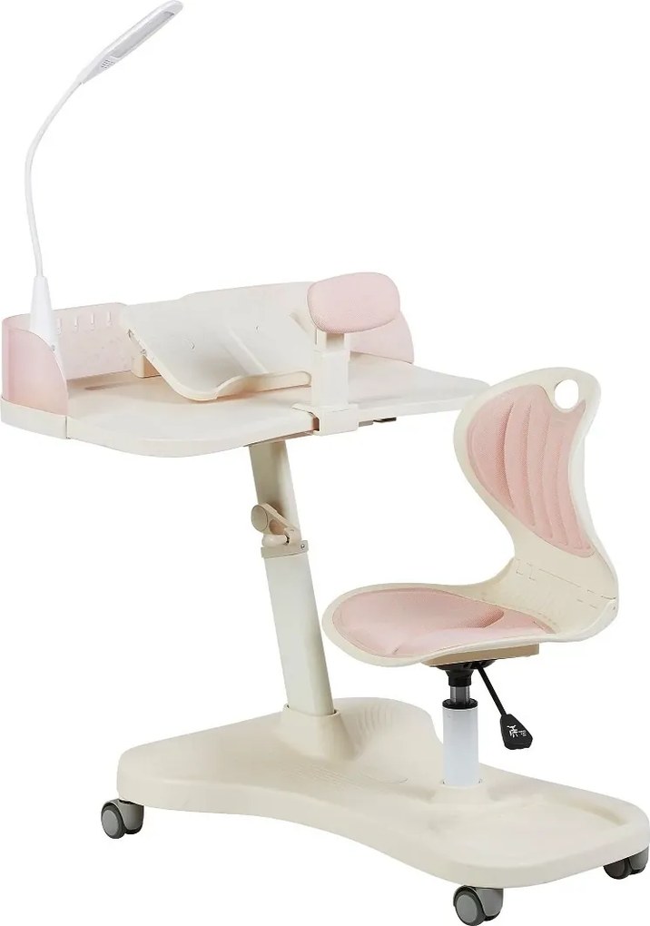 SmartStudy ErgoPro Kids – Set Birou și Scaun Ergonomic pentru Copii, Reglabile pe înălțime, cu Lampă LED Integrată, Suport Reglabil pentru Carte și Tabletă, Spătar Rabatabil, Roți Inteligente Gravity Lock, Roz