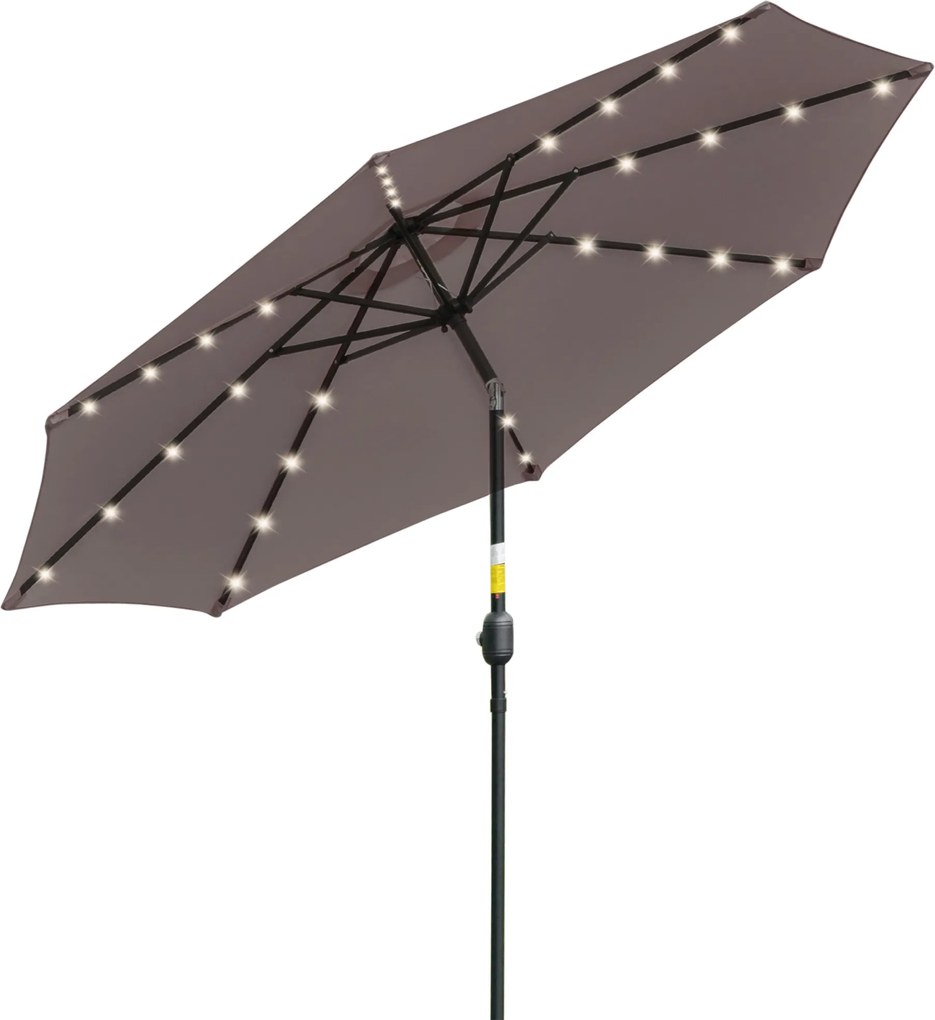 Outsunny Umbrelă de Grădină Inclinabilă Ø265 cm cu 32 Lumini LED Solare și Manivelă, Umbrelă de Exterior cu 8 Spițe, din Oțel și Poliester, pentru Patio, Curte, Balcon, Terasă, Gri | Aosom Romania