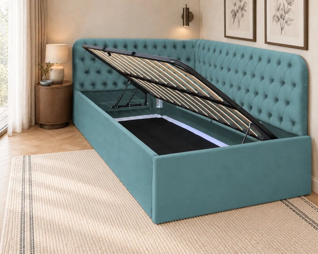 Pat tapițat pentru copii din catifea Elyra 120×200 cm, verde marin, colț dreapta, cu ladă de depozitare