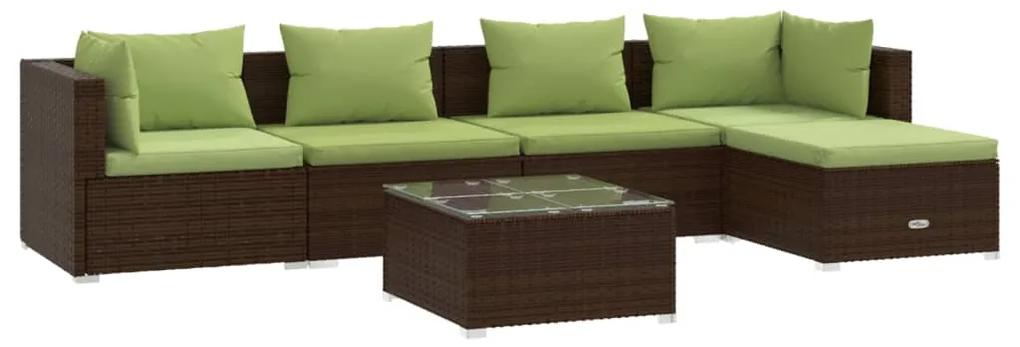 Set mobilier de gradina cu perne, 6 piese, maro, poliratan maro si verde, 2x colt + 2x mijloc + suport pentru picioare + masa, 1