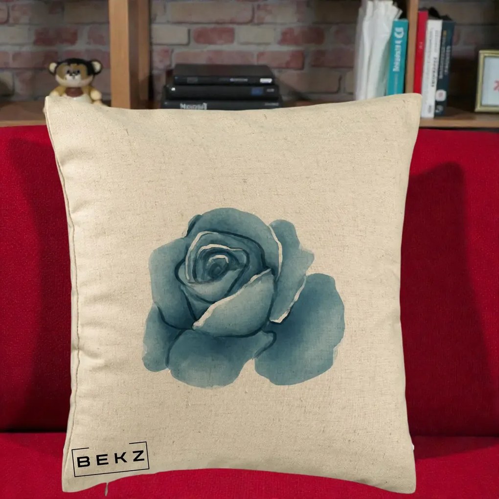 Perna Decorativa Trandafir Albastru Acuarela, 40x40 cm, Bej, Husa Detasabila, Perna Inclusa, BEKZ®