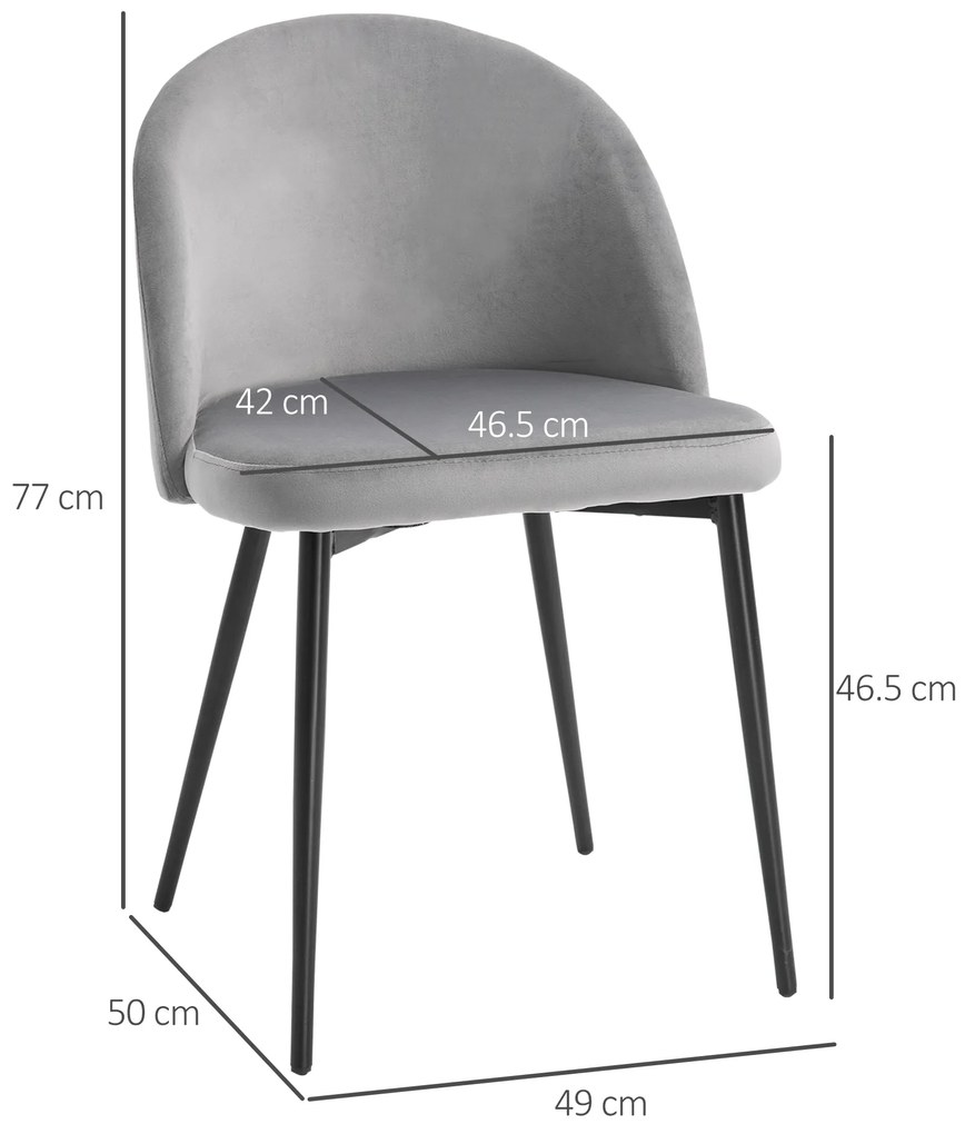 HOMCOM Set 2 Scaune Confortabile pentru Sufragerie și Bucătărie Tapitate cu Catifea Gri Design Modern 49x50x77 cm | Aosom Romania