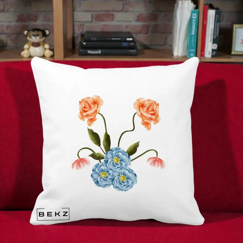 Perna Decorativa Trandafiri si Bujori Acuarela, 40x40 cm, Alba Mata, Husa Detasabila, Perna Inclusa, BEKZ®
