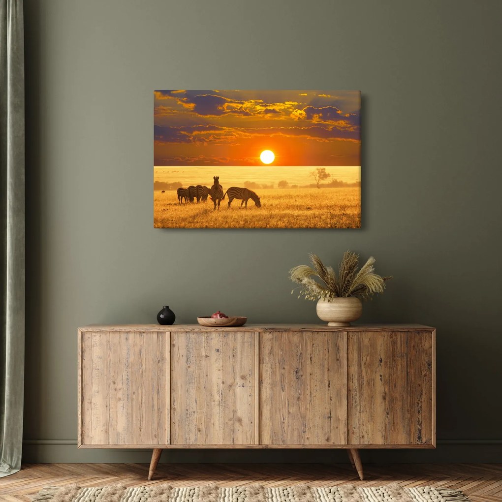 Tablou - Zebre cu apus de soare (90x60 cm)