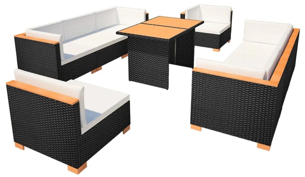 42753 vidaXL Set mobilier de grădină cu perne, 10 piese, negru, poliratan