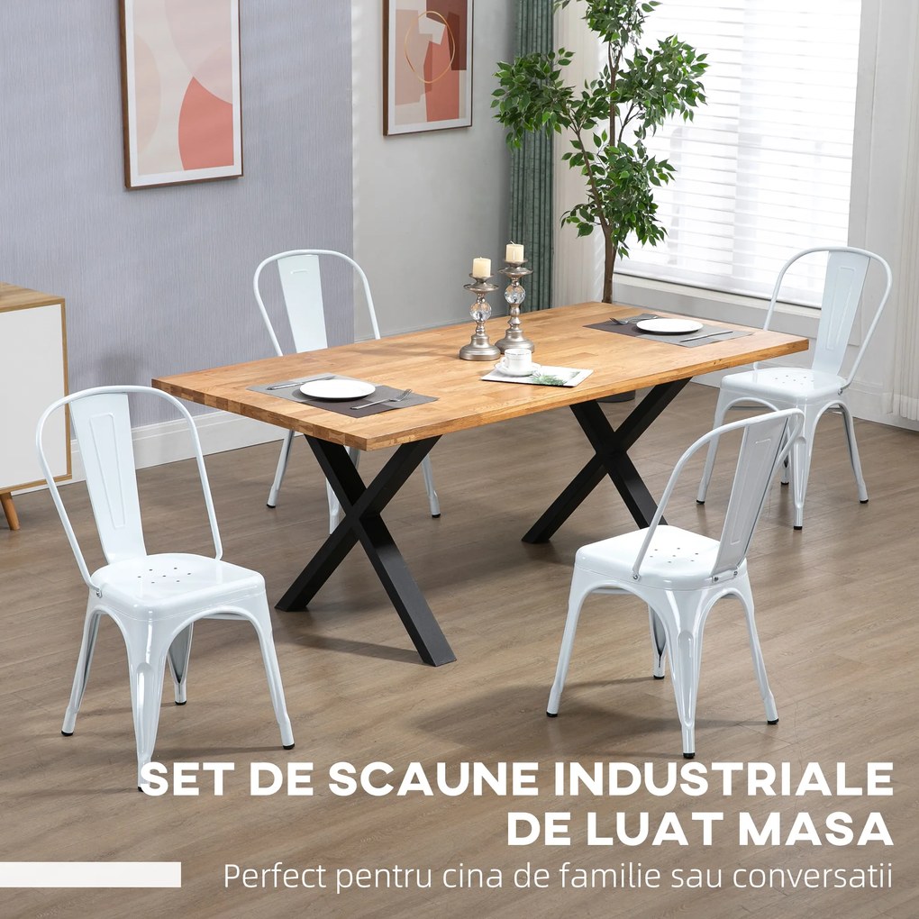 Set de 4 Scaune de Masa Industriale HOMCOM, din Otel Stivuibile cu Spatar si Scaun Scobit, Alb | Aosom Romania