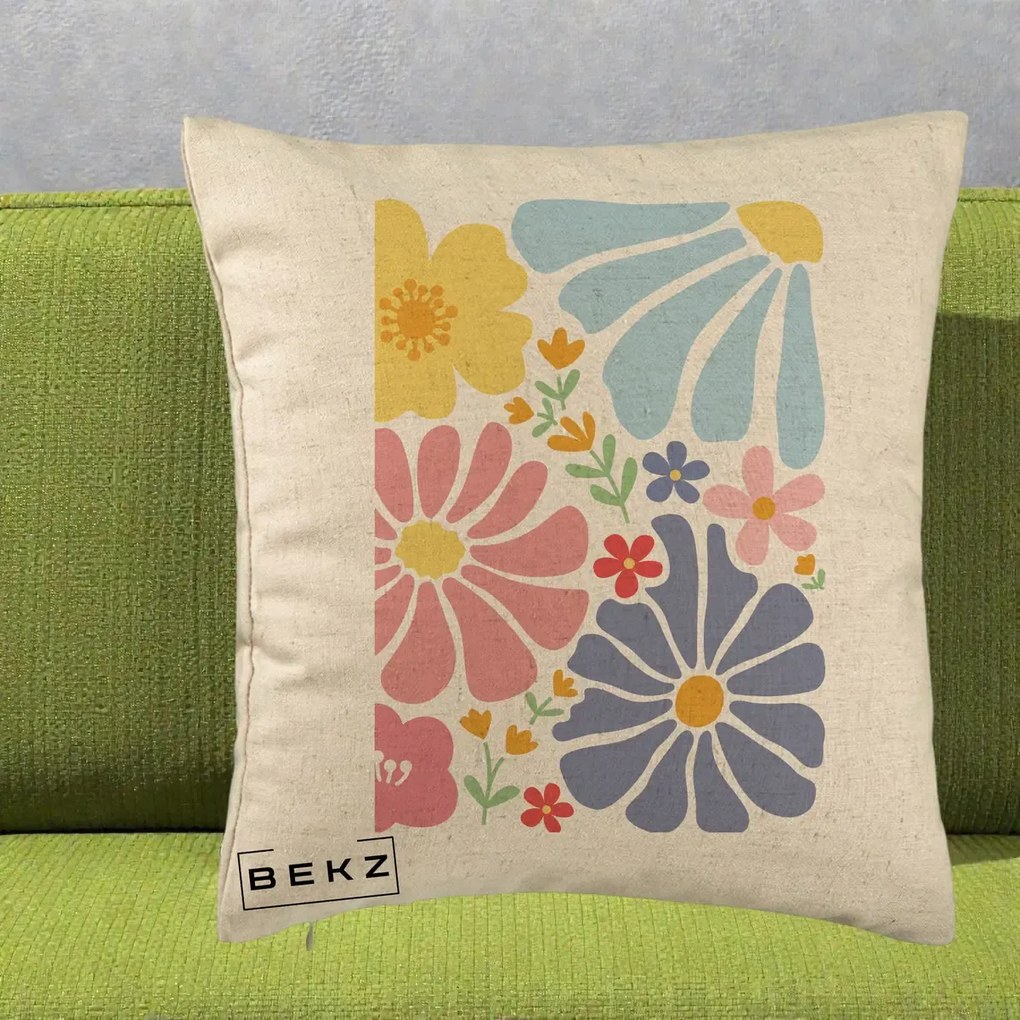Perna Decorativa Flori Grafice Pastel Multicolor, 40x40 cm, Bej, Husa Detasabila, Perna Inclusa, BEKZ®