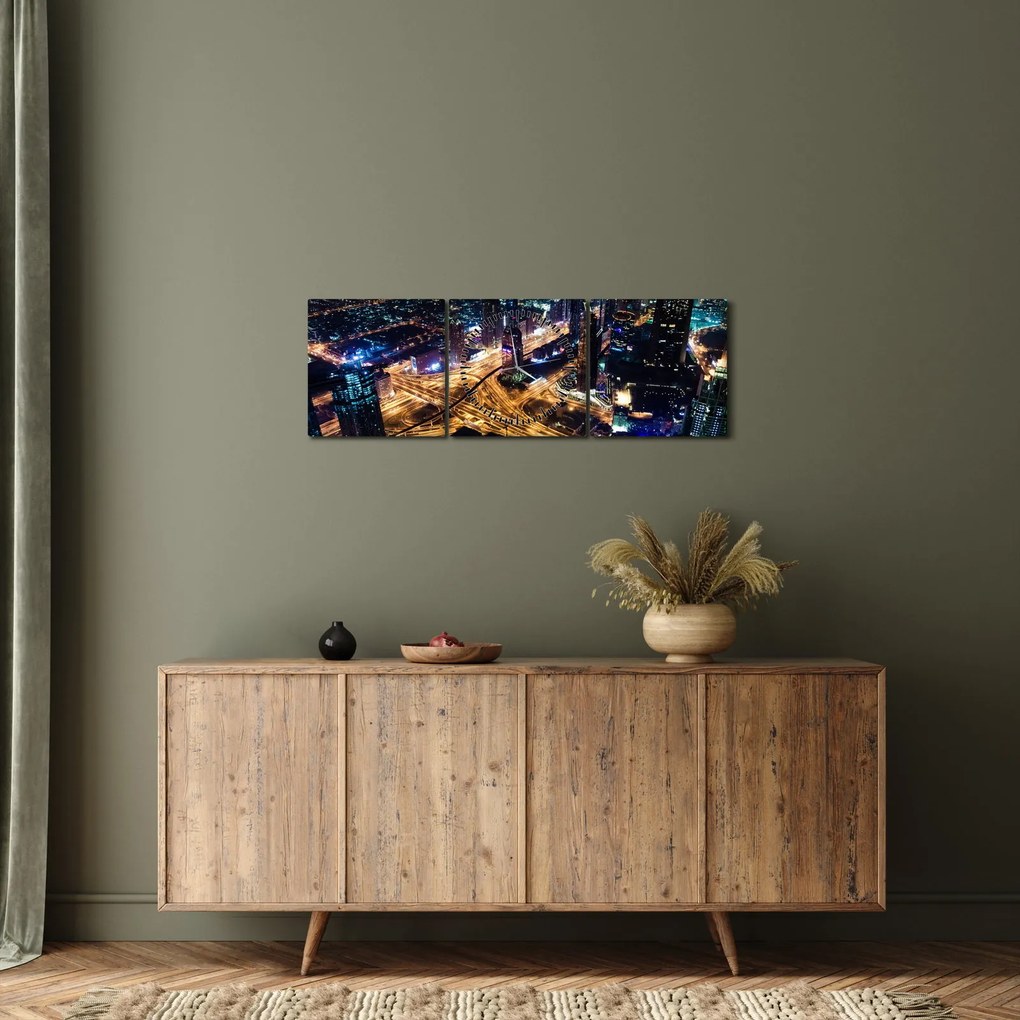 Tablou cu oraș nocturn (cu ceas) (90x30 cm)