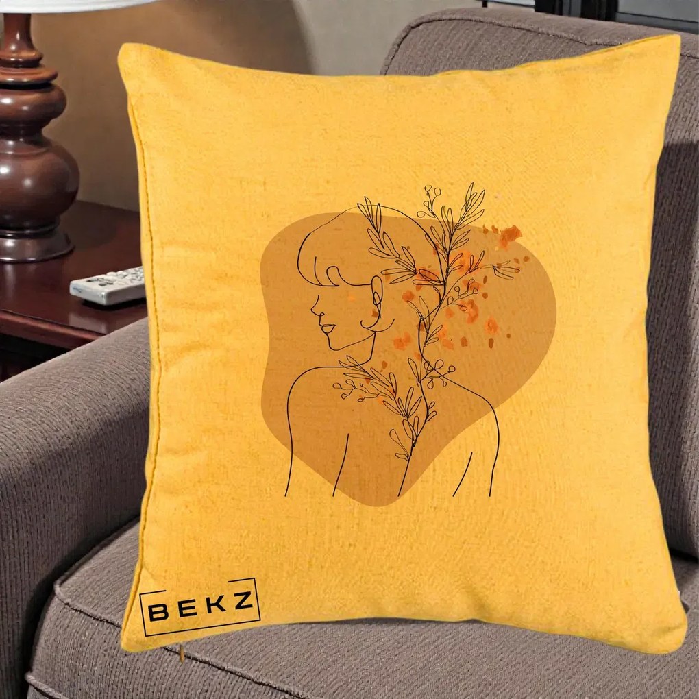 Perna Decorativa Femeie cu Flori Line Art Boho, 40x40 cm, Galben, Husa Detasabila, Perna Inclusa, BEKZ®