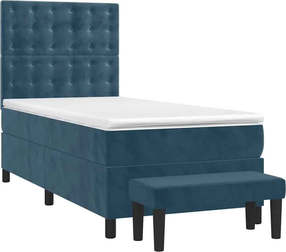 vidaXL Pat box spring cu saltea, albastru închis, 90x200 cm, catifea