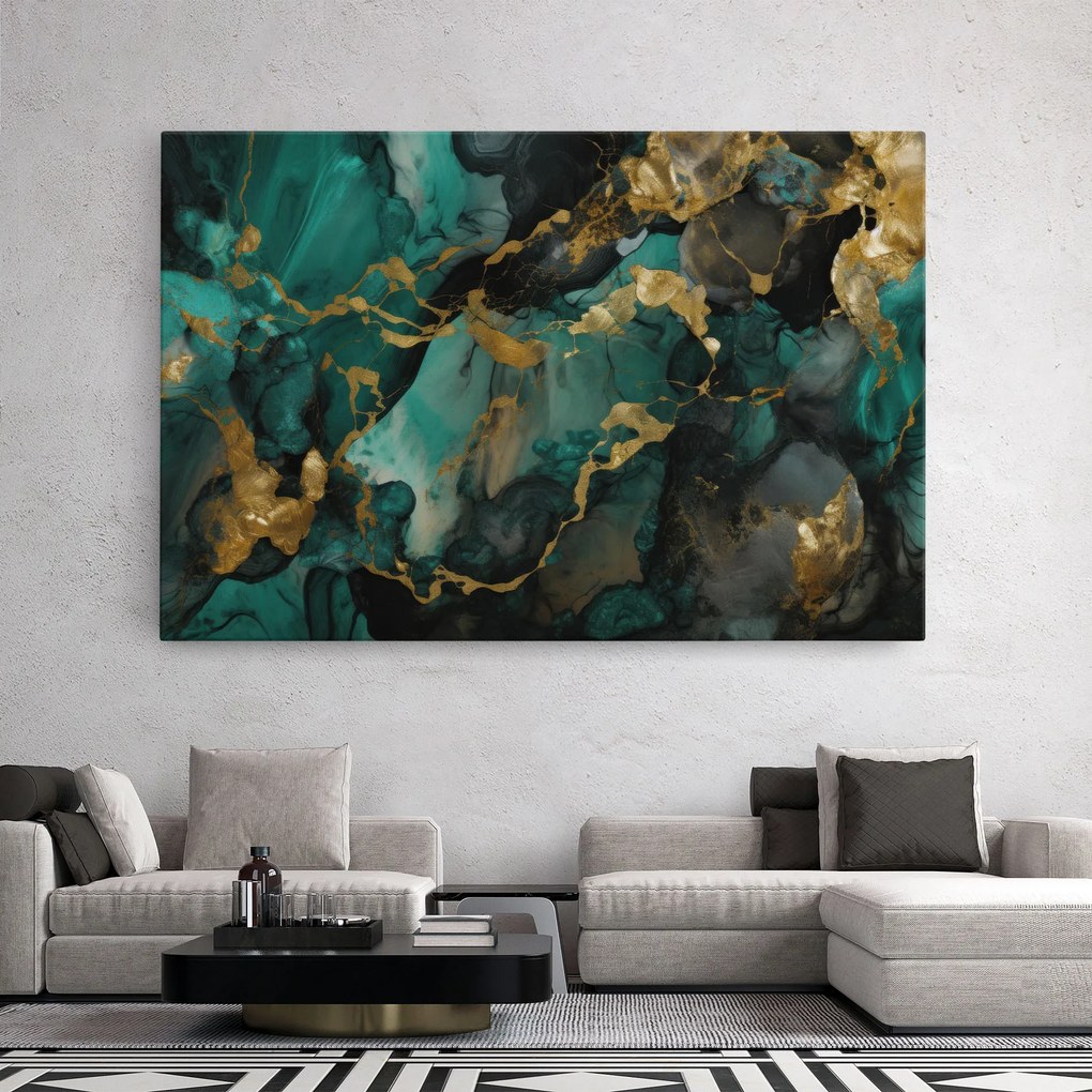 Tablou Canvas, 80x120cm, Dormitor si Living, Abstracte, Marble, Dark Green Golden Marble