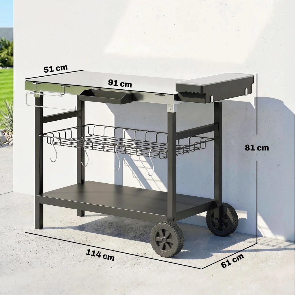 Outsunny Cărucior de grădină cu 3 niveluri, blat din inox, roți, cârlige, coș detașabil, mâner lateral, 114x61x81 cm, negru | Aosom Romania
