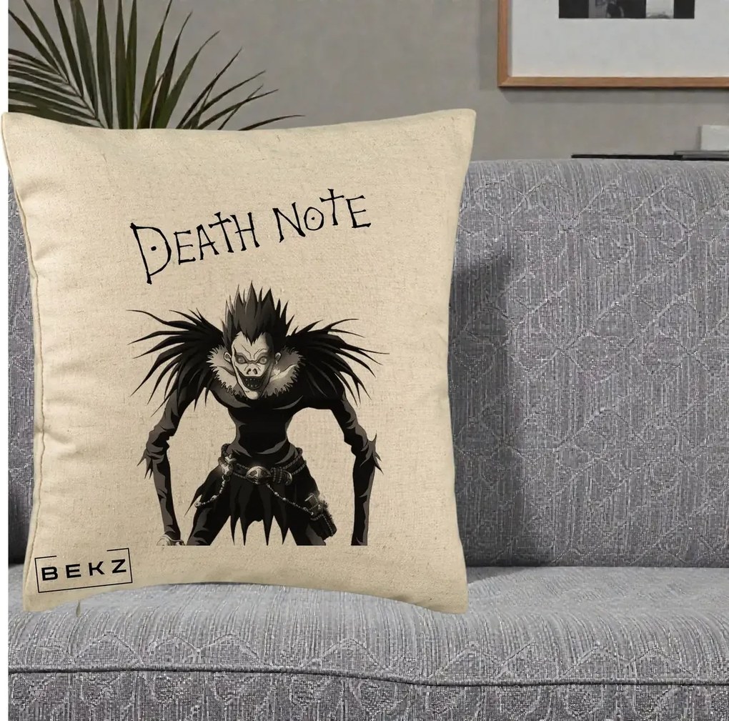 Perna Personalizata Death Note Ryuk Shinigami Alb-Negru, 40x40 cm, Bej, Husa Detasabila, Perna Inclusa, BEKZ®