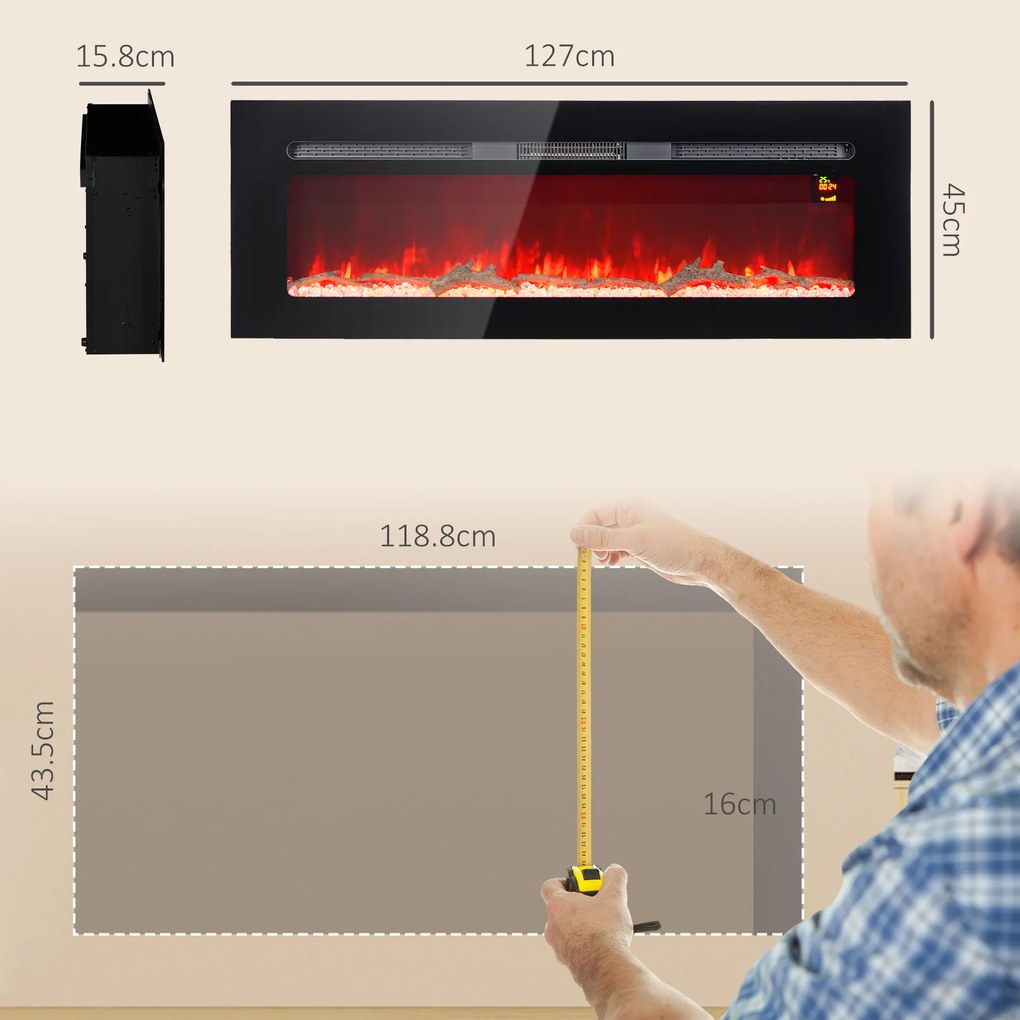 HOMCOM Șemineu Electric Încastrabil cu Telecomandă, Flacără Reglabilă, Temporizator și Termostat, 127x15,8x45 cm, Negru | Aosom Romania