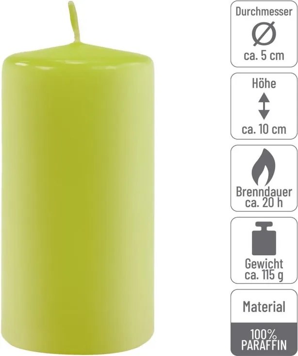 Set de lumânări stâlp, 10 cm, Ø 5 cm, verde deschis, 16 buc.