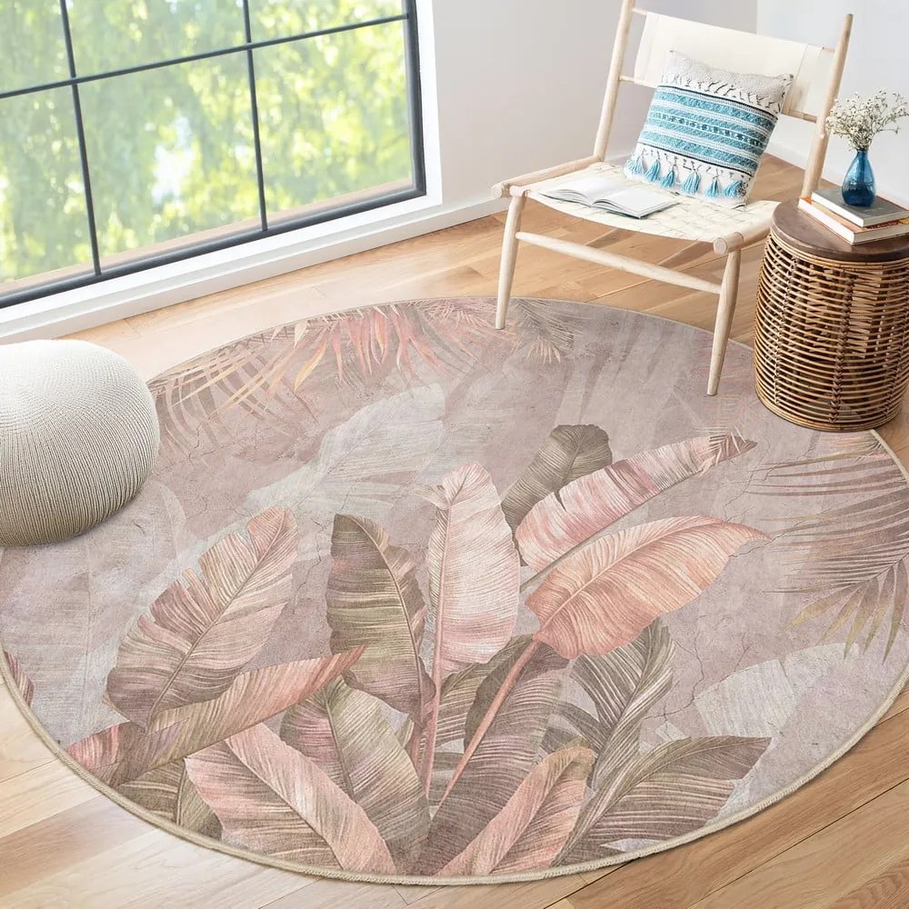 Covor roz deschis lavabil rotund ø 100 cm Dusty Leaves – Mila Home