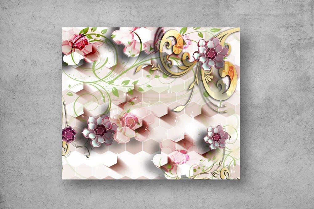 Tapet Premium Canvas - Flori colorate si hexagoane 3d abstract